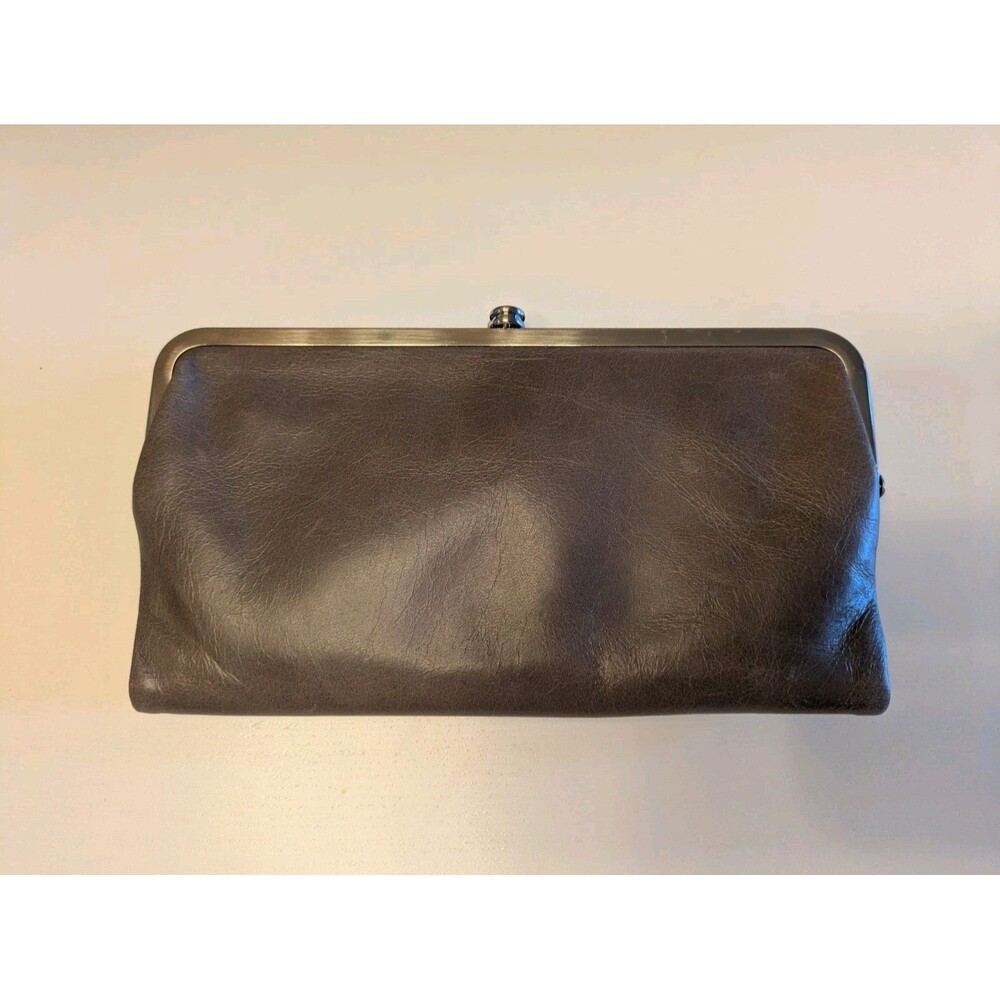 Hobo Brand LAUREN ~ Double Kiss Lock Wallet Metal Frame Gray Leather Clutch